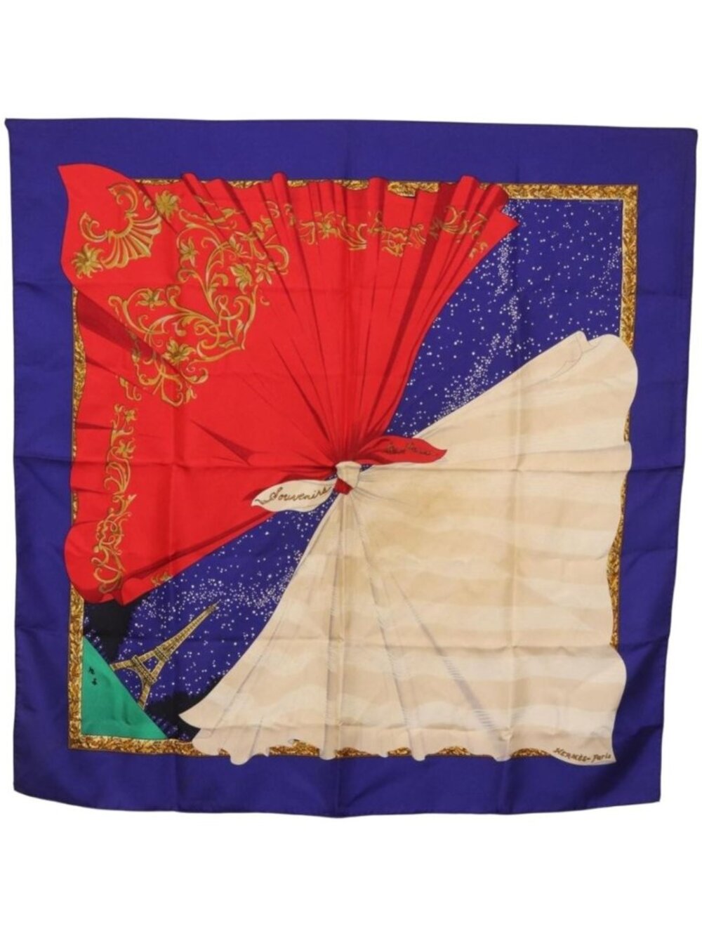 HERMES Carre 90 Scarf ""Souvenirs de Paris"" Silk Blue Beige